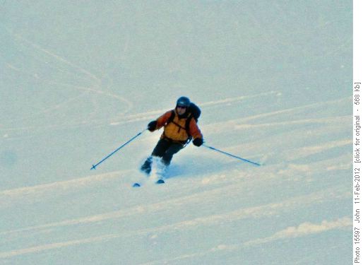 A fuzzy picture of Philip skiing north of Hero Knob col.