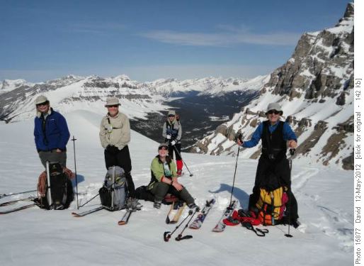 John, Bill, Lisa, Sim and John enjoy a break on the lower moraine of Mt Hector