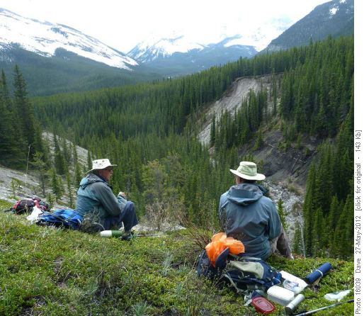 Lunch, unnamed creek, snow on Threepoint Mt