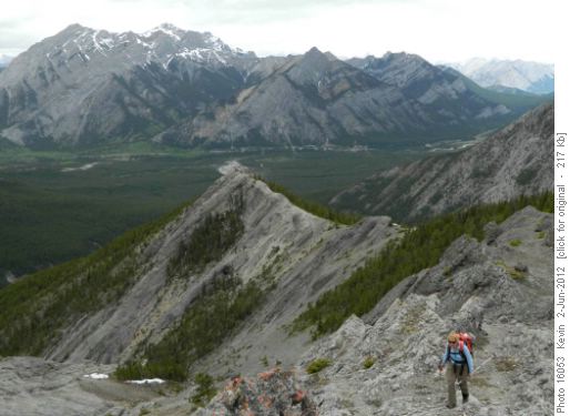 Christine approaching the high point below the summit of the second pinnacle