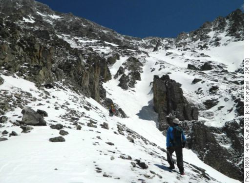 Heading up the gully system to the Hood-Brock Col