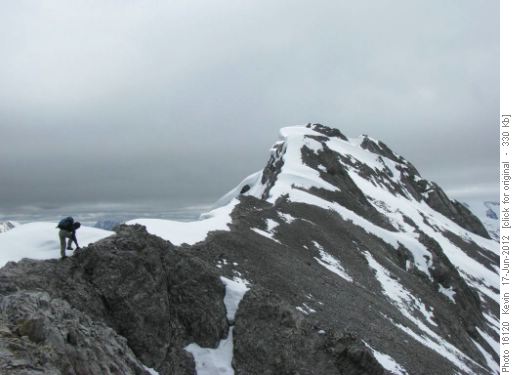 Bracing against the gale force winds on the summit ridge