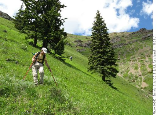 Coming down the steep grassy slopes