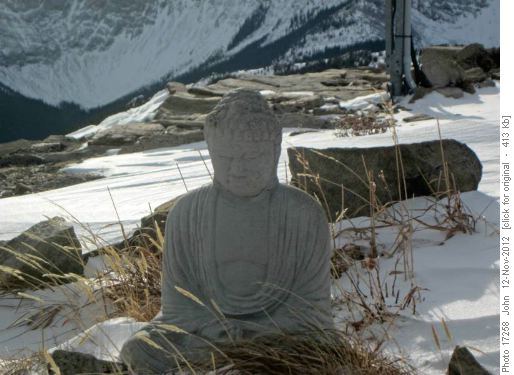 Whimsical Buddha at Junction lookout looking towards Calgary?