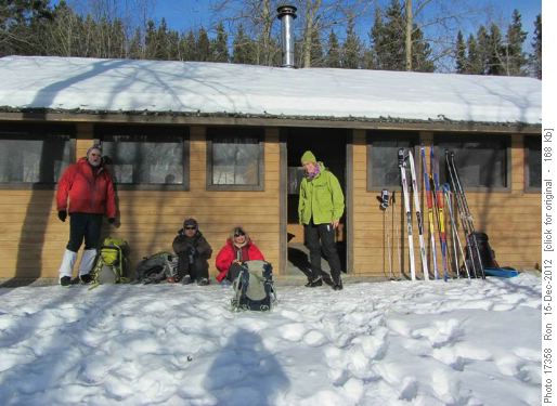 {433 Ivan Pull}, {1284 Yoko Ishii}, {206 Barb Mitchell} and {198 Madeleine Mangels} try to soak up some sun at the Ribbon Creek shelter.
