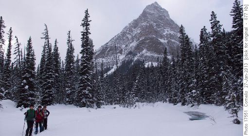 Snow-shoeing back along Paradise Creek. Sheol Mt (2,779m) in the background.