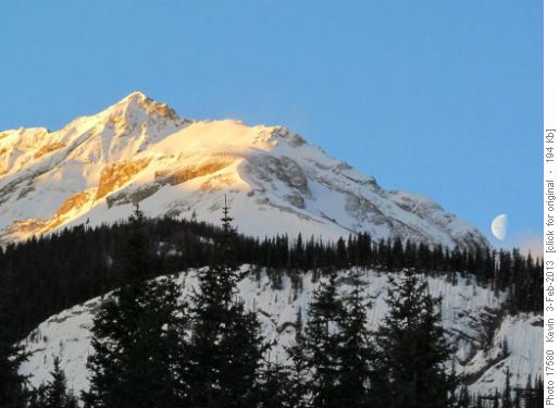 Half moon and morning light on Mt Burstall