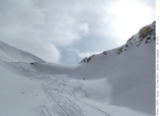 Skiing the draw below Crowfoot Pass
