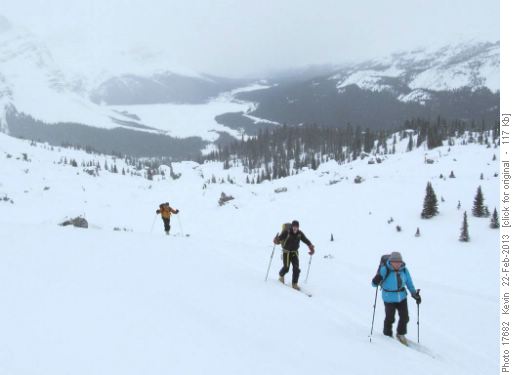 Above treeline on the Ramp ascent route with Bow Lake in the distance