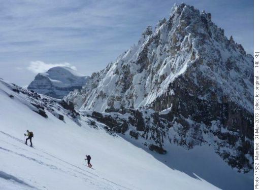 Inge and Manfred near the top. Mt.Ball just visible through the col.