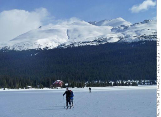 Setting out across Bow Lake (Cirque Fore-Peak and summit in background)