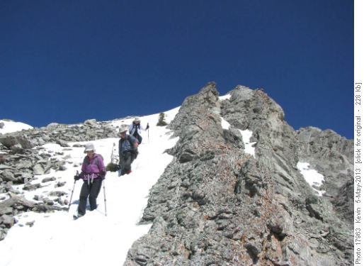 Sonja, Damian and Jeanette descending the snow on the upper slope