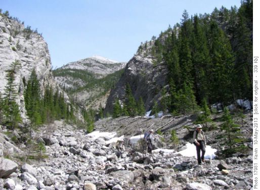 Exiting the side drainage into Jura Creek with our highpoint in the distance