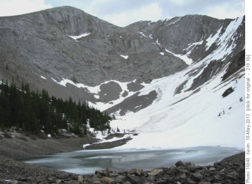 Slush covered tarn & avalanche debris, Old Baldy hike