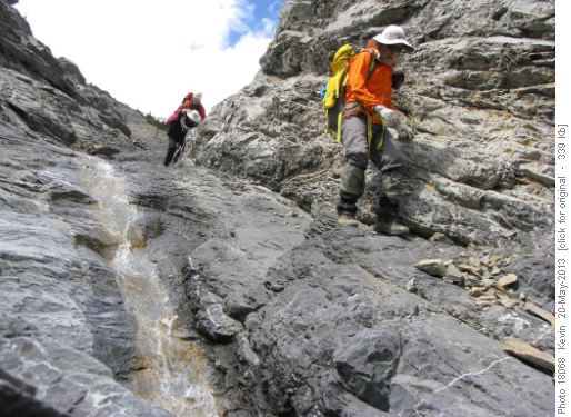Arnold, Jeannette and John negotiating the waterfall in the lower section of the gully