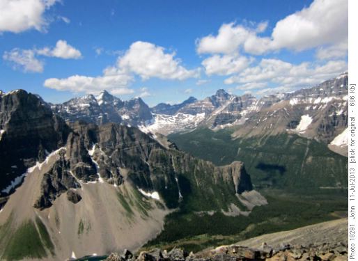 Valley of the Ten Peaks - Wenkchemna pass in centre of photo.