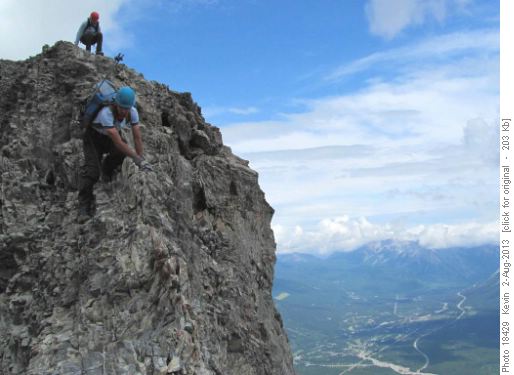 David and Damian down climbing the short exposed 'crux' leading to the summit