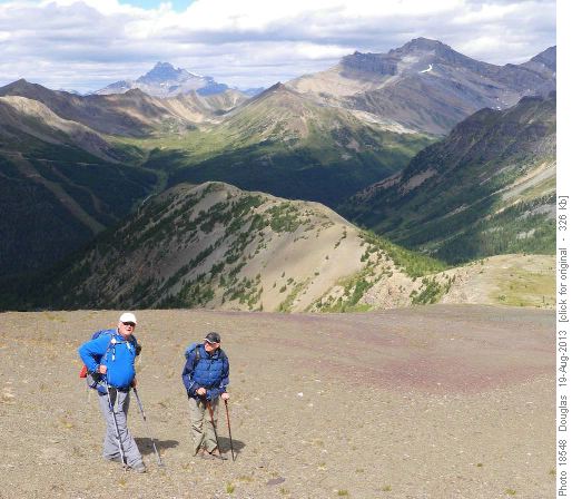 Descent from Red Rock Mtn towards Wolverine Ridge with Hector and Richardson in the background