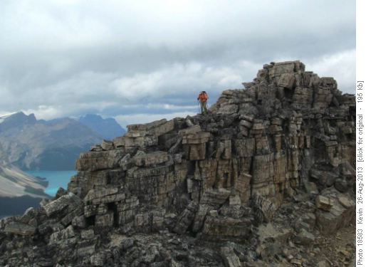 Elizabeth negotiating the quartzite blocks on the summit ridge