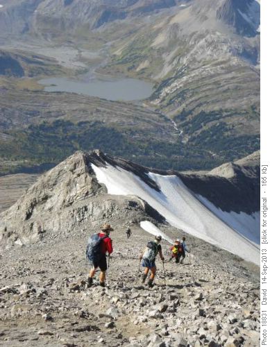 Descent of Mt. Sarrail west ridge, Aster Lake behind Descent of Mt. Sarrail west ridge, Aster Lake behind