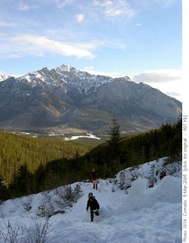 Danker ascending Bourgeau Lake Trail. Mt Cory in background.