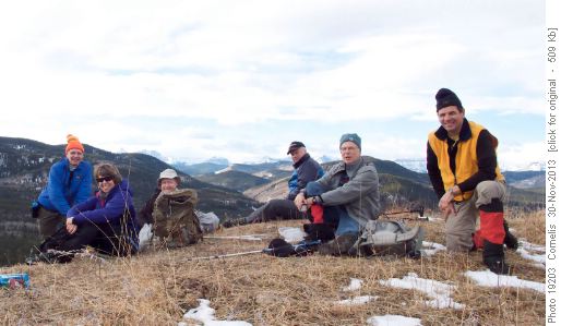 Lunch break on Sandy McNabb's ridge above the Sheep River; Carl, Aldis, Bill, Doug, Philip, Cornelis