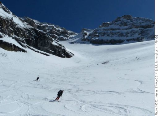 Skiing down from the col
