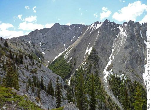 Accent route to the ridge follows prominent right gully