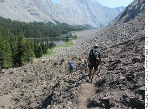 Picking the route through the dirt/rock flow above Picklejar Lake