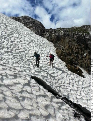 Crossing snow slope below Astor Lake