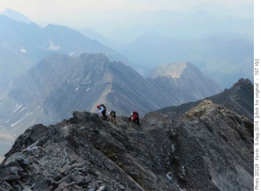 The upper ridge on Mt Rae with forest fire smoke as a backdrop