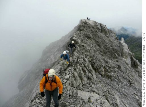 Beginning the exposed traverse along the ridge