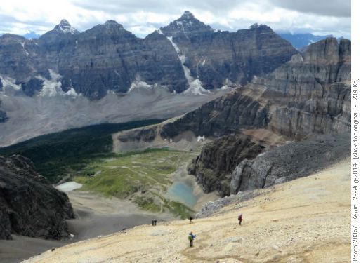 Descending Mount Temple - some of the Ten Peaks and Larch Valley