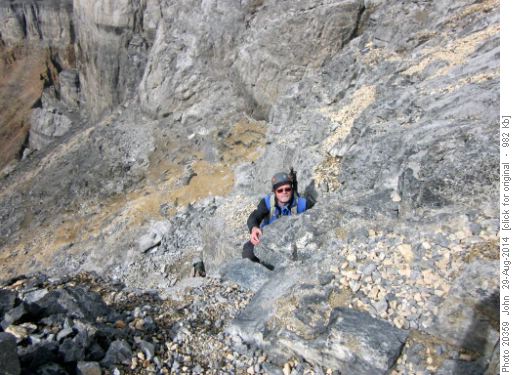 {1493 Kev Mean} coming up the first cliff band on Mount Temple.