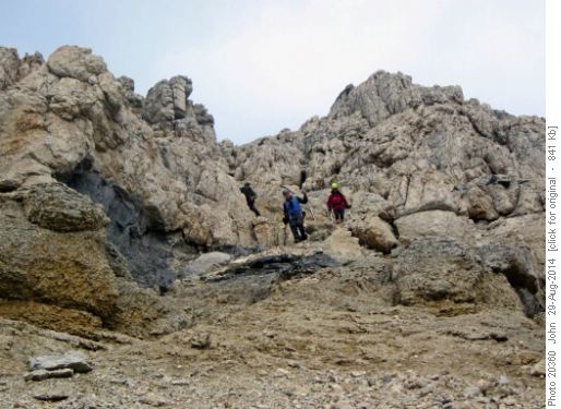 Descending the second cliff band on Mount Temple