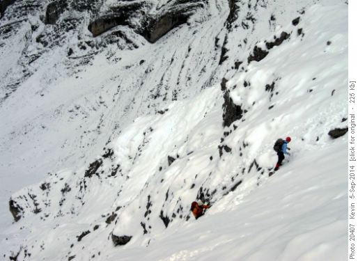 The snowy slope leading to the summit ridge
