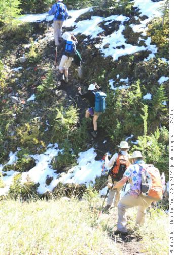Climbing out of one of the 3 gullies on the upper Rae Lake faint trail