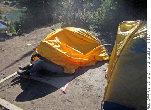 Rambler fighting his tent (tent lost!)