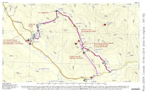 Cat Ck Hills Hike Map. Cornelis' favourite hike before winter road closure (15Nov14. Click on image to enlarge.)