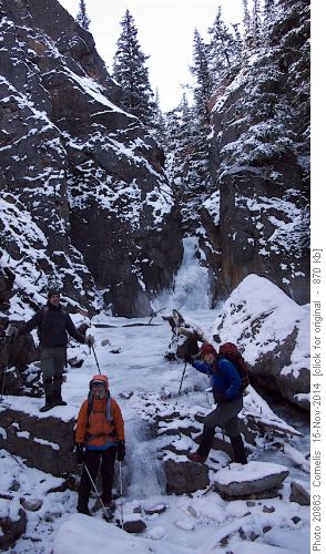 Brian, Sim and John contemplating a shower under the Cat Creek Falls.