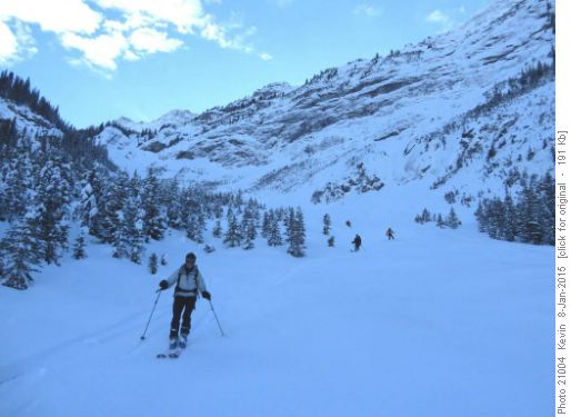 Inge and the gang skiing the lower slopes above the basin