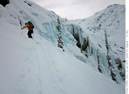 {607 Dam Gann} in steep terrain heading towards Lookout notch on climbers left side of the valley below Lookout notch.