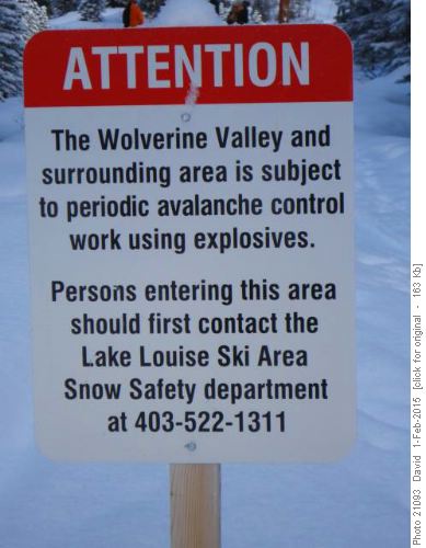Lake Louise avalnche control sign near Larch ski run