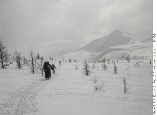 Ramblers approach Redoubt Lake with Unity Peak in background