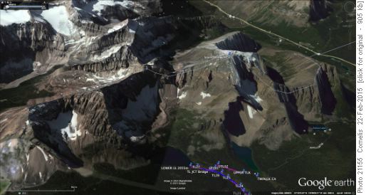 Satellite Image of Storm Mountain, Twin Lakes and the Rambler's snowshoe track of 22Feb15