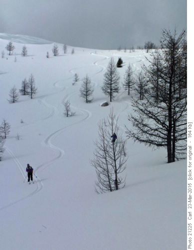 Nice turns at the south end (Cathy on left, Bill right, JM's tracks in the middle)