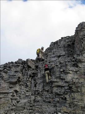 Scrambling on the cliff bands above the flake
