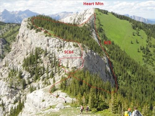 Heart Mt from Twin Summits Ridge showing crux downclimb and bypass