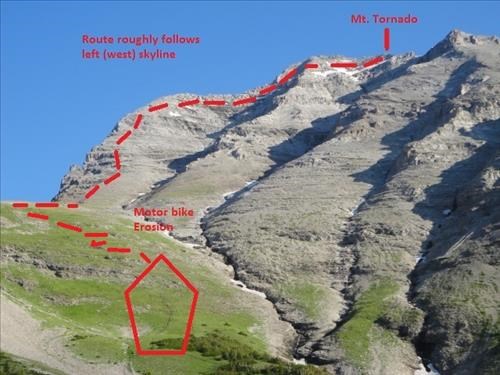 Route to Mt. Tornado from South Hidden Creek (east of mountain)