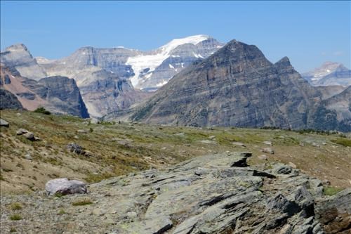 Pharaoh Peaks, right foreground with Haiduk Peak just to the left Mt Ball in centre background